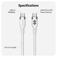 HyperJuice 60W Silicone USB-C to USB-C Cable (1.5M/5Ft) - White